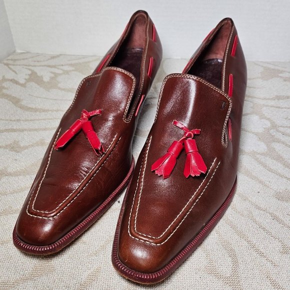 Tods Brown Leather w/ Red Tassel Slip On Loafer Shoe Size 41 / US 8 / 8.5 - Picture 1 of 12